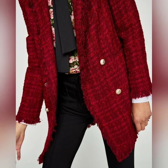 Zara Blogger Favorite Burgundy Red Frayed Tweed Boucle Jacket Size S - Picture 6 of 15